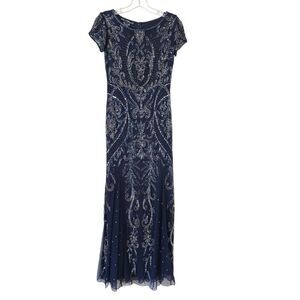 Pissaro Nigths Elegant Navy Blue Embellished Evening Gown Maxi Dress Size 2 Glam